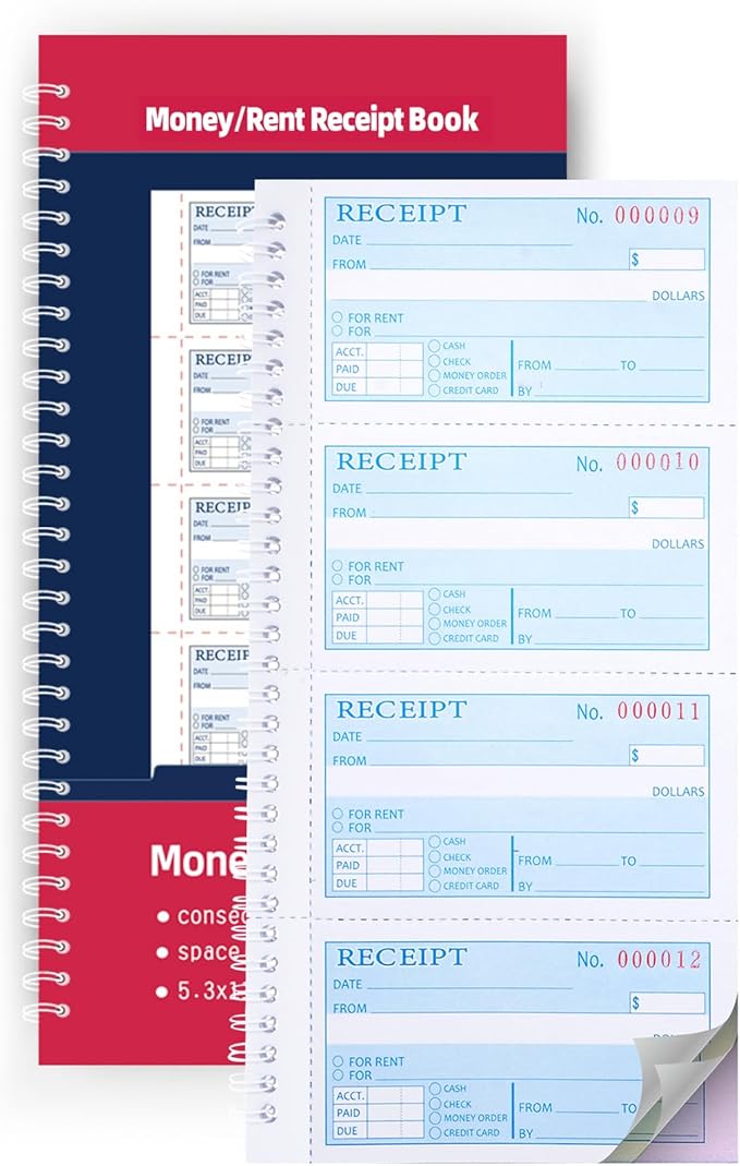 Receipt Books with Carbon Copies,Money and Rent Receipt Book,3-Part Carbonless,5.31" x 11.22",Receipt Book for Small Business,Blue,Yellow and Pink Copy,100 Sets Per Book
