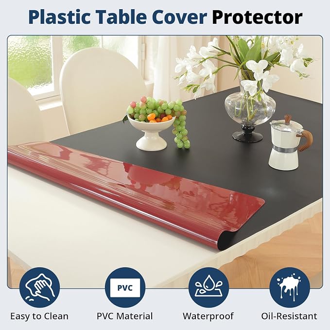 OstepDecor Black Table Cover Protector 24 x 48 Inch, 1.5mm Thick Plastic Table Cover, Dining Table Protector Pad, Waterproof & Easy Cleaning PVC Desk Mat for Dresser, Coffee & Kitchen Wooden Tabletop