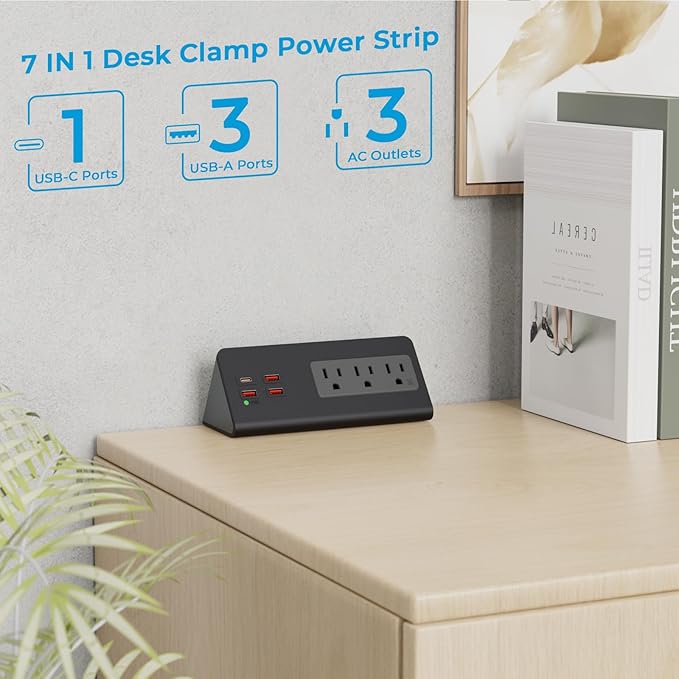 Nightstand Charging Station with PD 20W USB C, Nightstand Edge Power Strip with 3 AC Outlets, 4 Fast Charging USB Ports, Connect 6.56FT Flat Plug, Desk Surge Protector for Office Home Hotel, Black