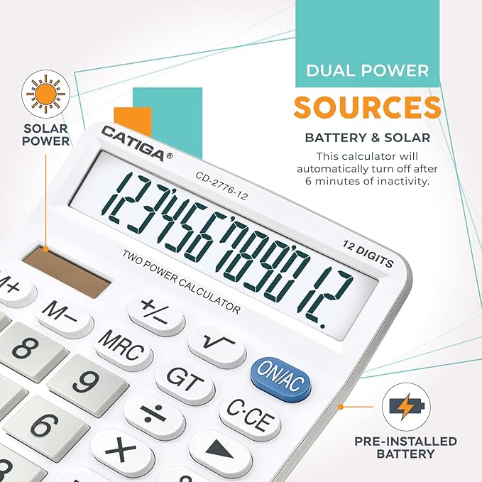 Premium Commercial 12-Digit Large Desktop Calculator with Huge 5-Inch LCD Display Screen, Giant Responsive Buttons, Battery and Solar Powered, Perfect for Home/Office Accounting Finance Use, CD-2776