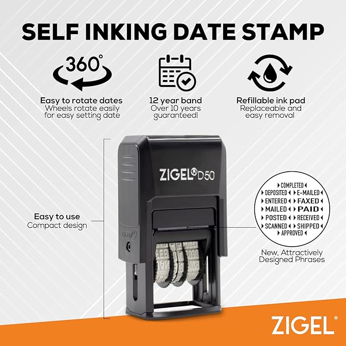 ZIGEL D50 Date Stamp with Entered - Self Inking Date Stamp - Blue/Red