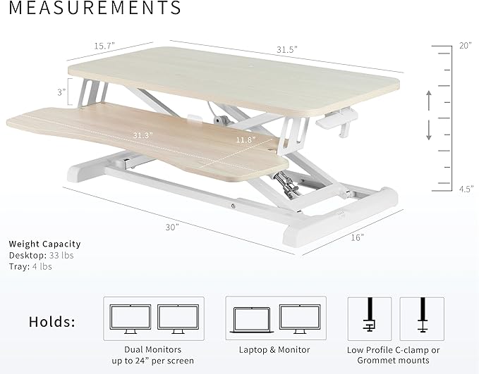 VIVO 32 inch Desk Converter, K Series, Height Adjustable Sit to Stand Riser, Dual Monitor and Laptop Workstation with Wide Keyboard Tray, Light Wood Top, White Frame, DESK-V000KF