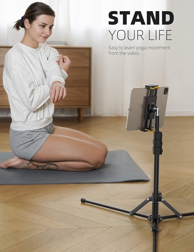 Lamicall Tablet Floor Tripod Stand - 64.9" Tablet Holder Mount with Adjustable Height for Stream/Watching with Bluetooth Remote, for iPad Pro 12.9, Mini, Air, iPhone and 4.7-13" Tablet and Cellphone