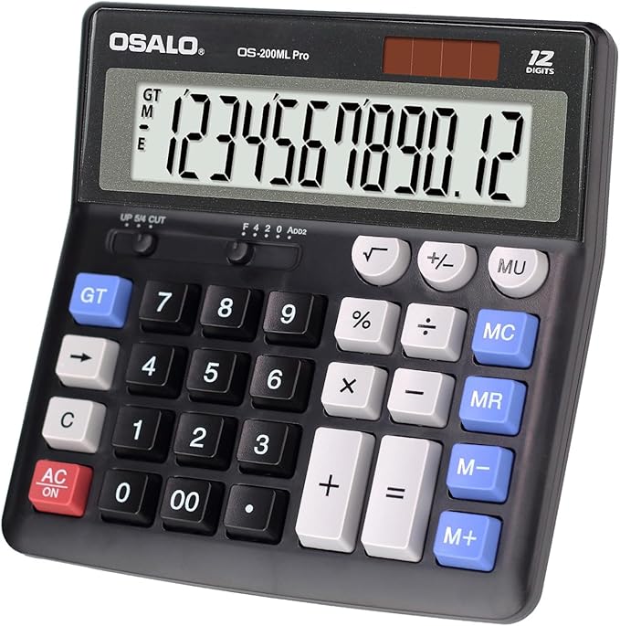 OSALO Desktop Calculator Extra Large Display 12 Digits Big Buttons Solar Accounting Calculator for Office Black (OS-200ML)