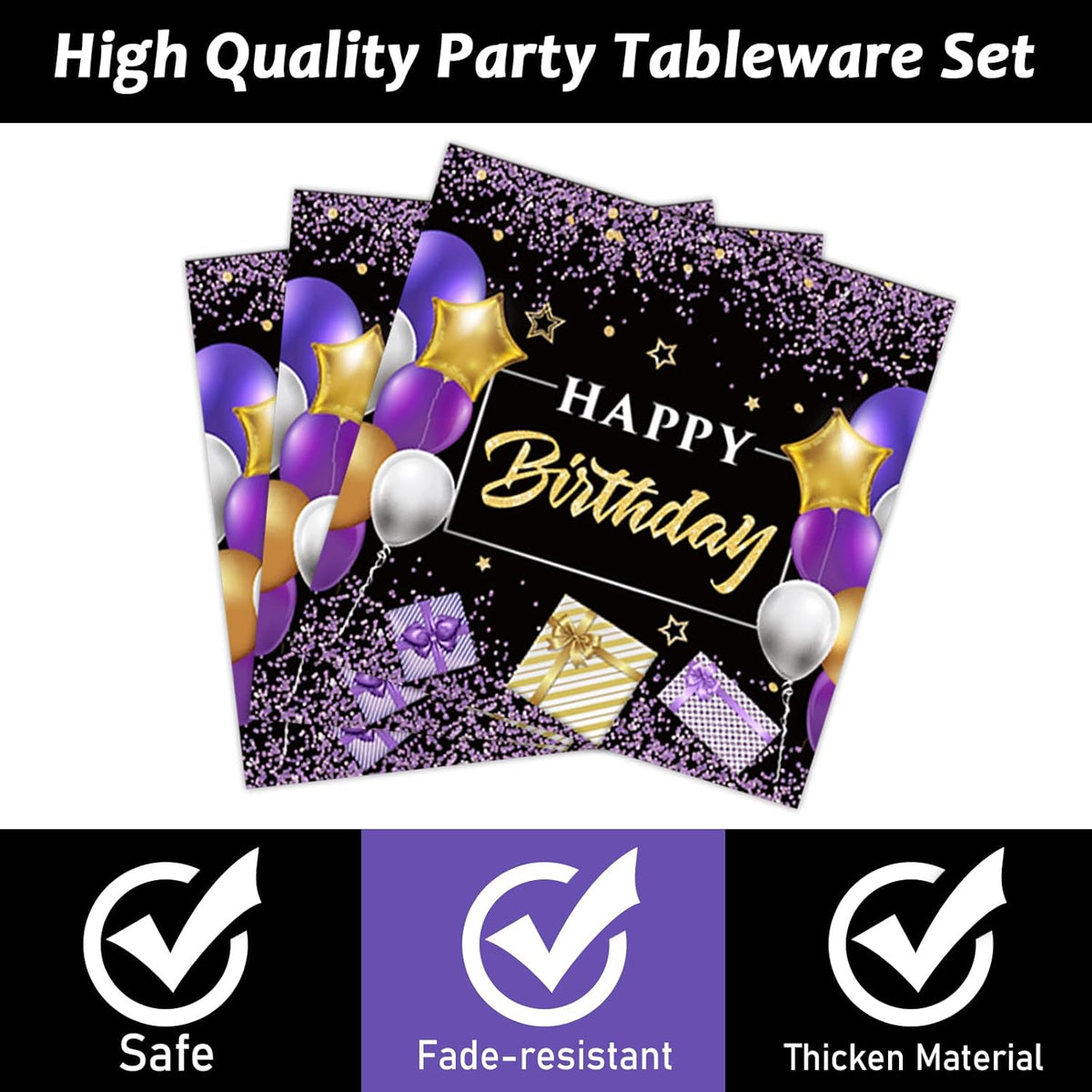 gisgfim 50 Guests Purple Birthday Plates and Napkins Purple and Black Happy Birthday Party Supplies Tableware Set Table Decorations for Women Girl Birthday Decoration Paper Plates Napkins Forks 200PCS