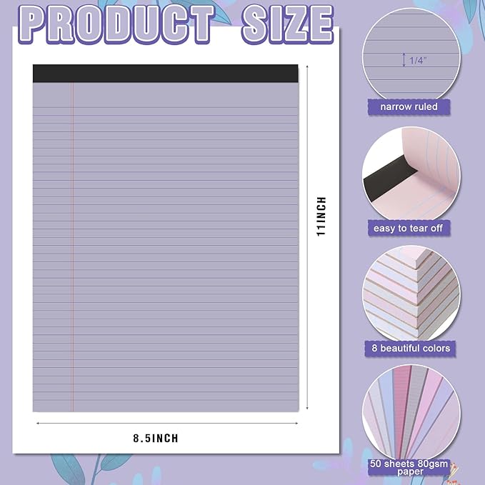 Fuutreo 8 Pcs 8.5'' x 11'' Colored Legal Pad Writing Pads Narrow Ruled 50 Sheets Per Notepad Perforated Writing Notepad Office Supplies for College Office Business (Taro Color)