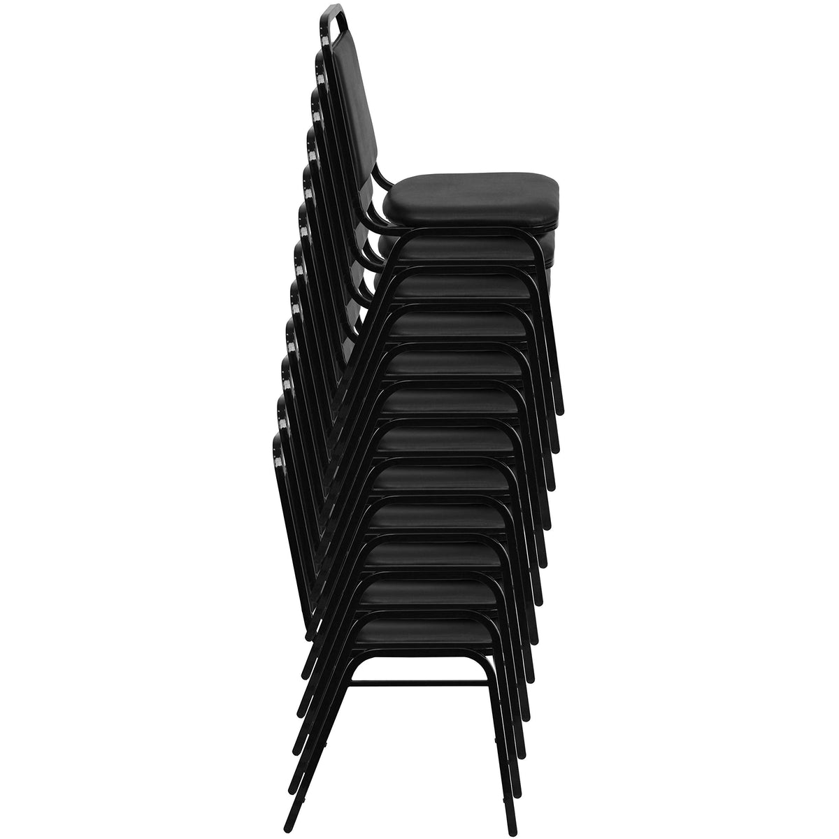 Trapezoidal Back Vinyl Stackable Banquet Chair, Multipurpose Stacking Chair with Padded Seat and Back, Black