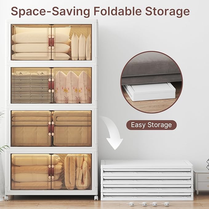 UAMFURI Extra Large Stackable Storage Bins with Lids & Wheels & Door, 660QT-165QT/41GAL*4Pack Foldable Collapsible Closet Organizers, Plastic Containers Drawers for Bedroom Dorm Garage