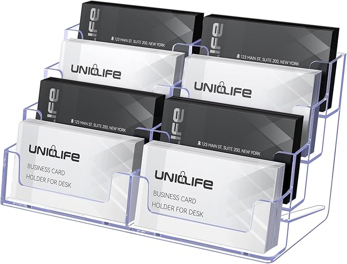 Uniclife Acrylic Business Card Holder for Desk 8 Slots Clear Business Card Display Stand for Men & Women Desktop Business Card Organizer Card Stand for Office Home Exhibition, 480 Card Capacity