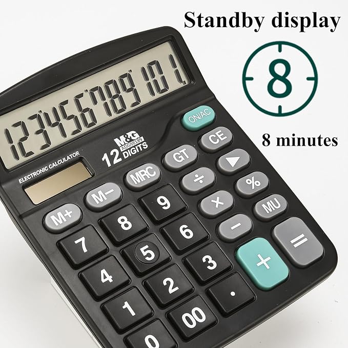 M&G Desk Calculator 12 Digit Office Calculators with Large LCD Display, Dual Solar Power and Battery, Recessed Big Button Calculator for Office Home (Black)