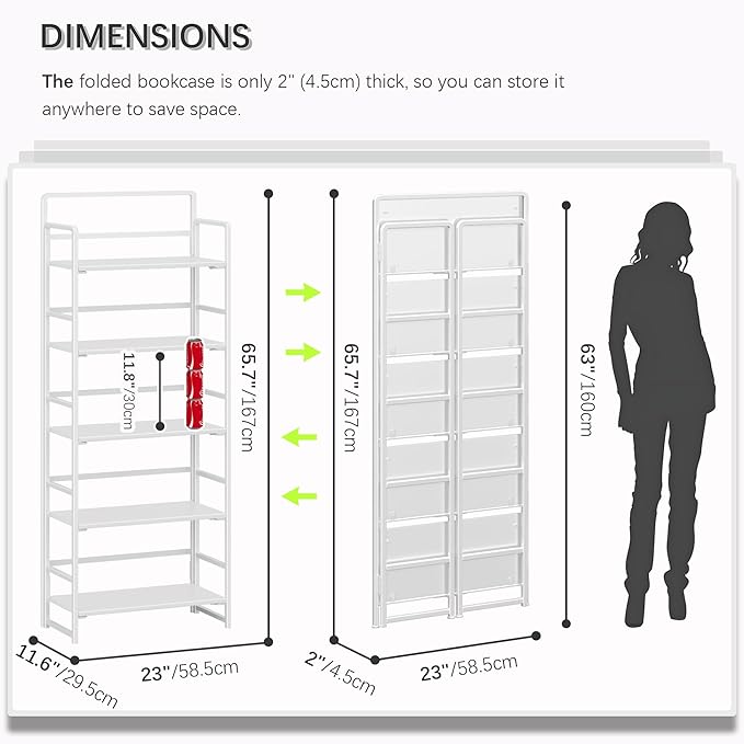 4NM No Assembly 5 Tiers Folding Bookshelf Storage Shelves Vintage Bookcase Standing Racks Study Organizer Home Office (All White)