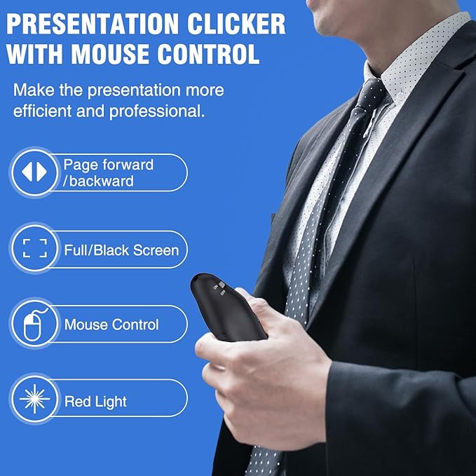 Air Mouse Clicker for Powerpoint Presentations, Rechargeable Wireless Presenter Remote Slide Advancer for Computer Laptop Office Classroom