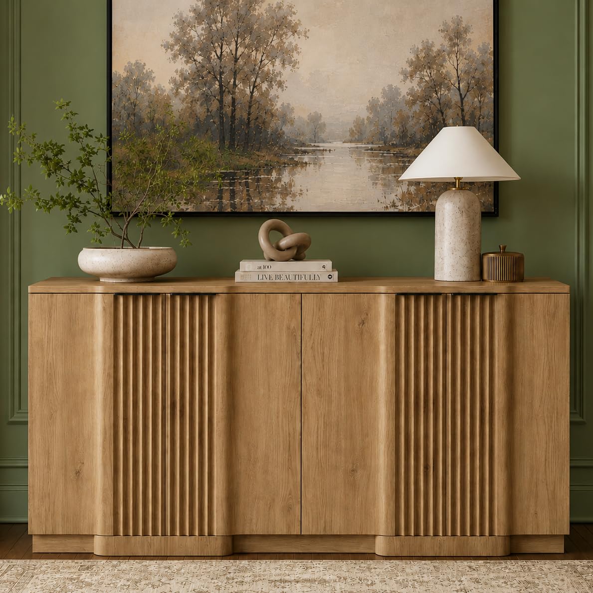 Fluted Buffet Cabinet with Storage, 55" Accent Sideboard Credenza