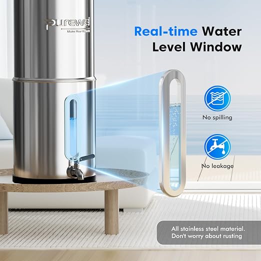 Purewell 2.25G Gravity Water Filter System with Water Level Window, 8-Stage Stainless Steel Countertop System with 4 Filters and Stand, Reduce Fluoride and Chlorine, PW-KST-CF