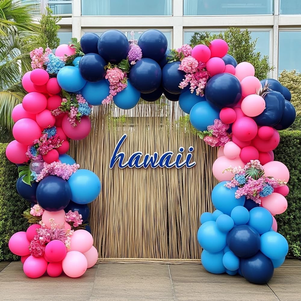 Navy Blue Pink Balloon Garland Double Stuffed Dark Blue Hot Pink Silver Balloons Royal Pastel Balloon Arch Kit for Birthday Gender Reveal Baby Shower Graduation Hawaii Party Decorations