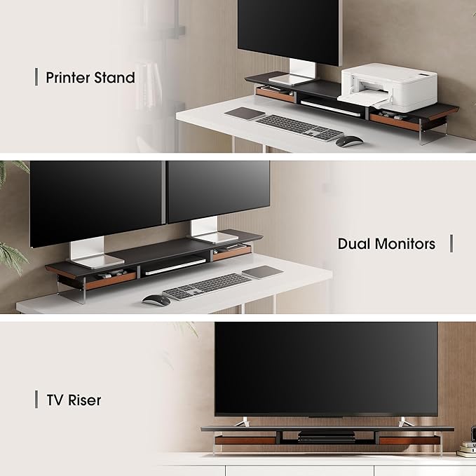 Fenge Dual Monitor Stand with Drawer, 42.5 Inch Large Monitor Riser with Acrylic Legs Supports, Computer Stand for Desk, 2 Tier Wood Desk Shelf with Storage Organizer for PC, Laptop, Printer, TV