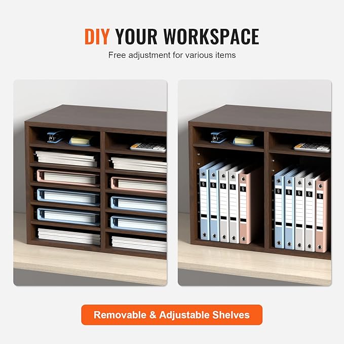 VEVOR Literature Organizers, 12 Compartments Office Mailbox with Adjustable Shelves, Wood Literature Sorter 20.4x12x16.1 inches for Office, Home, Classroom, Mailrooms Organization, EPA Certified Brown