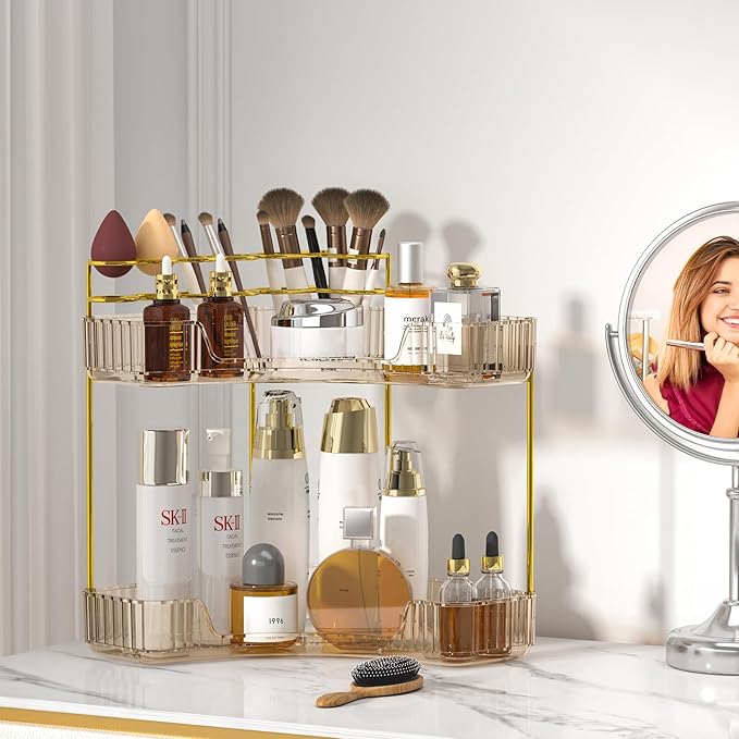 SUNZOS Corner Bathroom Counter Organizer, 2-Tier Countertop Makeup Organizer with Makeup Brush Holder for Dresser, Vanity Perfume Tray for Corner Storage