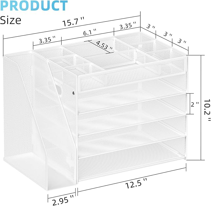 Marbrasse 5-Tier Desk Organizer with File Holder,Paper Letter Tray Organizer,Desktop File Organizer with Adjustable Compartments,Mesh Desk Organizers and Accessories for Office Supplies,White