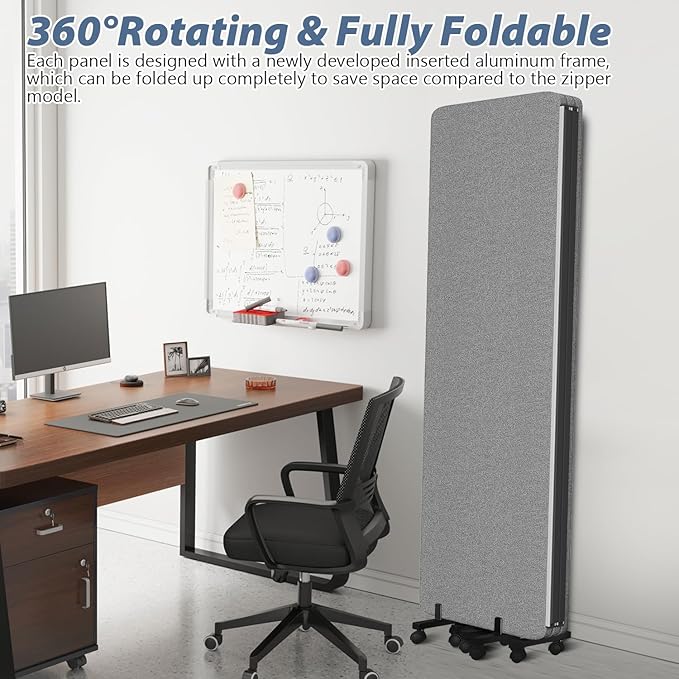 Acoustic Room Divider Privacy Panel with Wheels, 4 Panel Soundproof Room Divider (Aluminum Frame) for Room Partition, Folding Room Dividers Separation Office Cubicle Wall Sound Proof Partition Divider