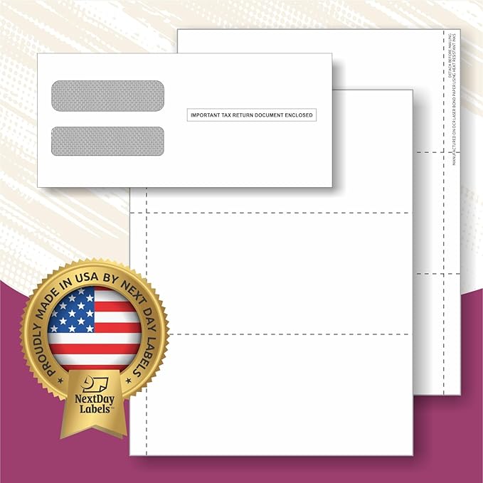 NextDayLabels - 3 UP Laser W-2 Forms, Employee Copy, Horizontal Format (100 Blank on Both Sides Sheets & Envelopes)