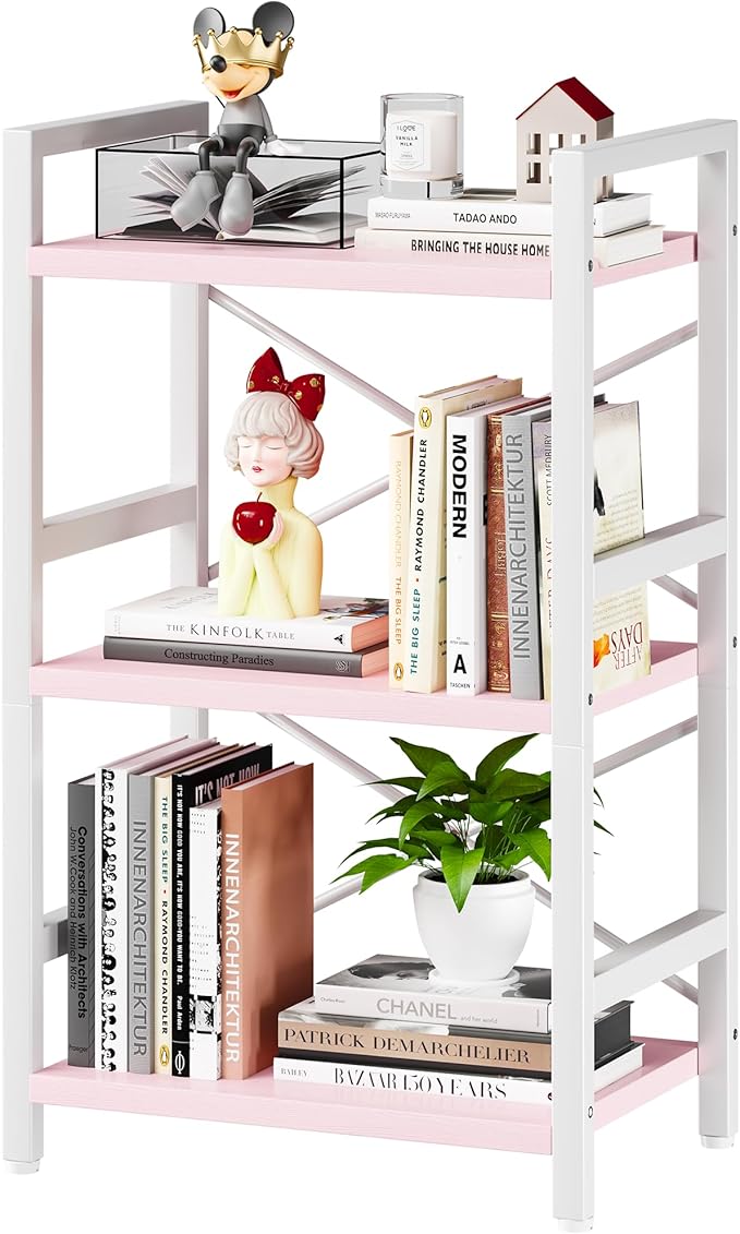 Homeiju Pink Bookshelf, 3 Tier Industrial Bookcase, Metal Small Bookcase, Rustic Etagere Book Shelf Storage Organizer for Living Room, Bedroom, and Home Office(Pink) Patent Pending D29873033