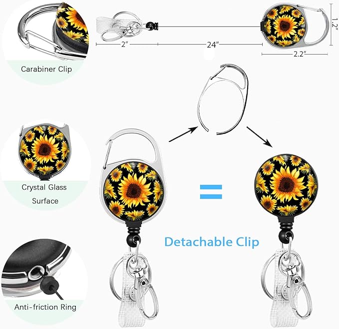 Cute Sunflower Badge Reel Retractable Heavy Duty with 360 Degrees Rotate Carabiner Clip, ID Badge Holder with Detachable Lanyard, ID Holder ID Clip Name Badge Keychain, Nurse Teacher Offfice Gifts