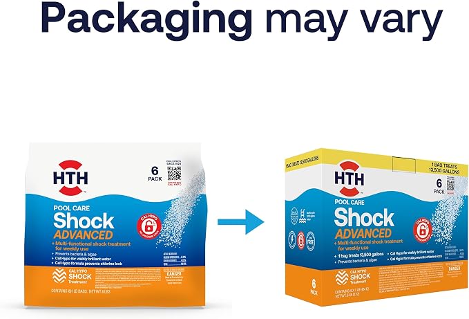 HTH 52036R Pool Care Shock Advanced, Swimming Pool Chemical - Cal Hypo Formula, Prevents Bacteria & Algae, Restores Crystal Clear Water - Shock Treatment, (6 Pack)
