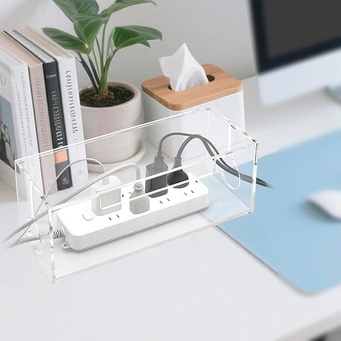 Cable Management Box, 2 Open Slots Cords Hider Box, Under Desk Power Strip Organizer and Floor Cables Storage, Clear