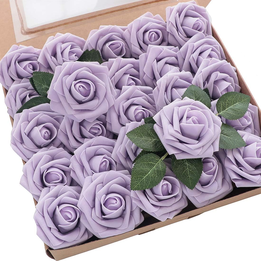 Floroom Artificial Flowers 50pcs Real Looking Lilac Foam Fake Roses with Stems for DIY Wedding Bouquets Baby Shower Centerpieces Floral Arrangements Party Tables Home Decorations