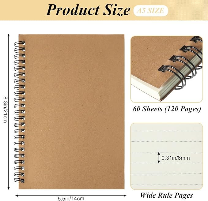 Leelosp 12 Pack Small Spiral Notebook A5 Lined College Ruled Spiral Journal Notebook 5.5 x 8.3 Inch Kraft Cover, 120 Pages for Work Students Office Business(Brown, Black)