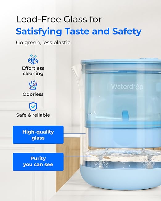 Waterdrop PT-72B-A Glass Alkaline Water Filter Pitcher, 7-Cup, Blue | Eco-Friendly, Enhances Alkaline Water, for Home & Office, Reduces PFOA/PFOS, Chlorine, Cadmium, Copper & Mercury