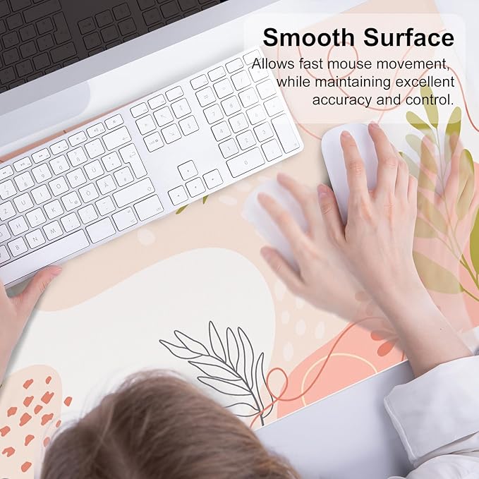 QIYI Large Mouse Pad, Cute Desk Mat for Desktop, Women Girls Minimalist Pink Office Desk Accessories, PU Leather Waterproof Gaming Mousepad, Tropical Leaves Desk Pad Computer Mat, 31.5" x 15.7"