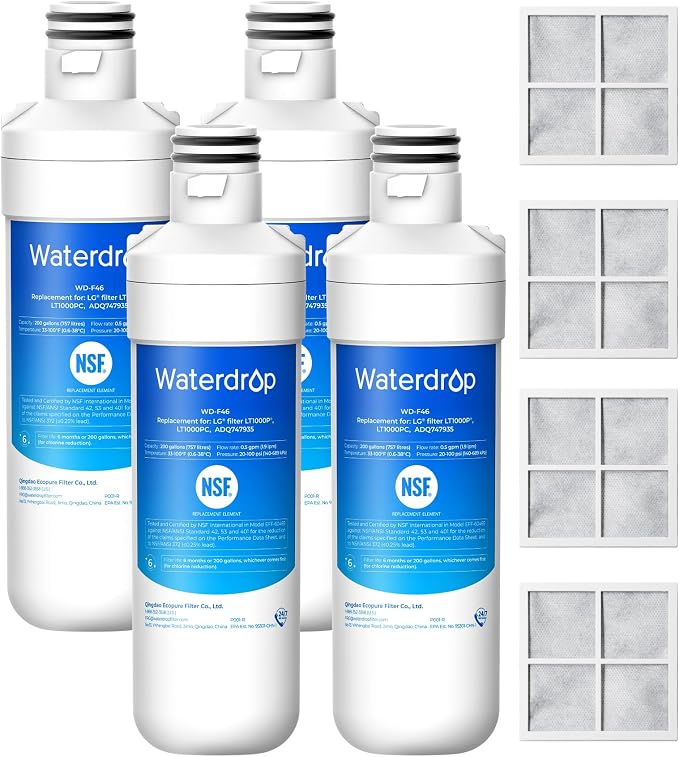 Waterdrop LT1000PC Refrigerator Water Filter and Air Filter, 4 Combo | Replacement for LG® ADQ747935, LT1000P®/PC/PCS, LMXS28626S, LFXS26973S, LFXS26596S, LFXS28596S, ADQ74793501 and LT120F®