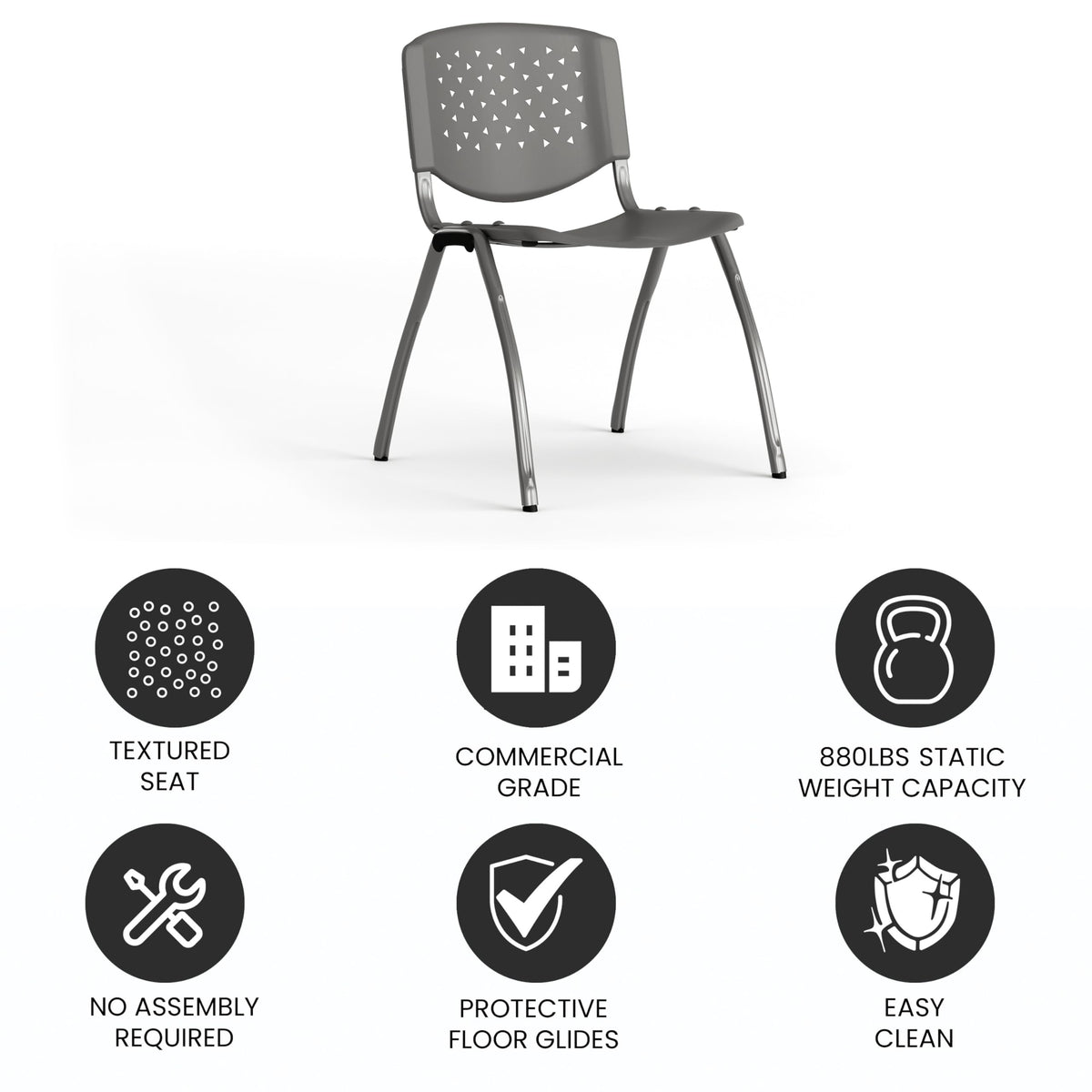 880 lb. Capacity Gray Plastic Stack Chair with Titanium Gray Powder Coated Frame