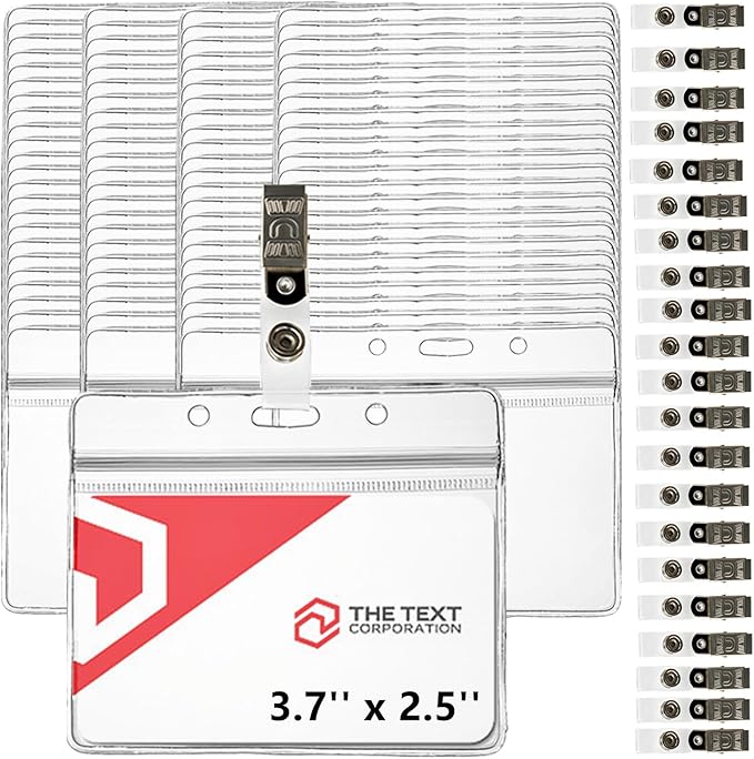 Lyellfe 100 Pieces Name Tag Holders with Clips, Clear ID Card Holder, Horizontal Badge Holder, Resealable Waterproof Card Holder for Badge Swipe Card, Credit Card, Drive License, 3.7 x 2.5
