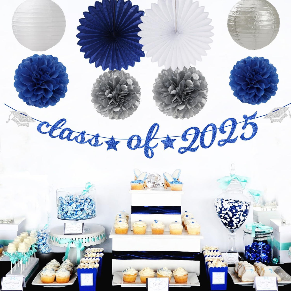 2025 Blue Class-Congratulations Prom Graduation Party-Decorations - 22pcs High School College Grad Supplies Decor,Royal Navy White Silver Tissue Pom Poms Streamers, Paper Flowers Lanterns Hugmoon