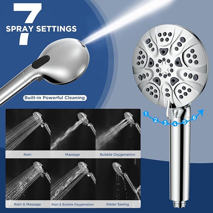 HOPOPRO 7-Setting Handheld Shower Head with Built-in Power Wash, Polished ABS Chrome, 71-Inch Stainless Steel Hose, 360 Rotatable Brass Overhead Bracket, Anti-Leakage Teflon Tape