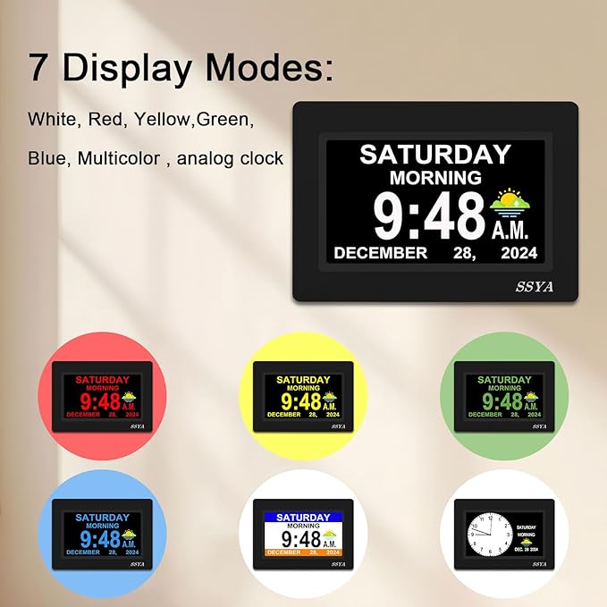 SSYA 7 Inch Calendar Clock - 12 Alarm Options, Level 5 Auto Dimmable Display,Extra Large Impaired Vision Digital Clock with Non-Abbreviated Day & Month (Black)