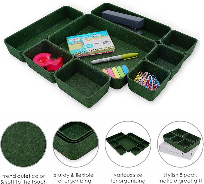 Welaxy Desk drawer organizer bins shallow trays felt storage desktop box for jewelry watches office supplies makeup small key holder minimalism 8-piece (Forest Green)