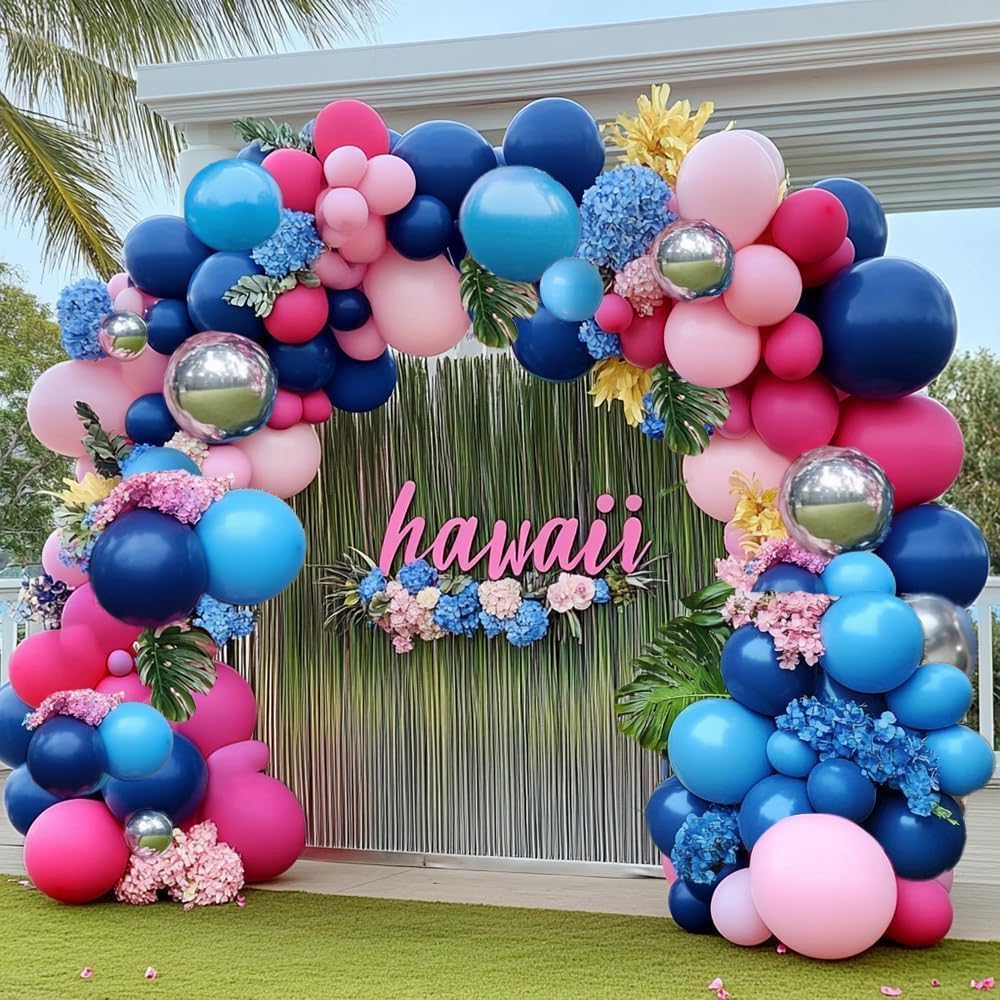 Navy Blue Pink Balloon Garland Double Stuffed Dark Blue Hot Pink Silver Balloons Royal Pastel Balloon Arch Kit for Birthday Gender Reveal Baby Shower Graduation Hawaii Party Decorations