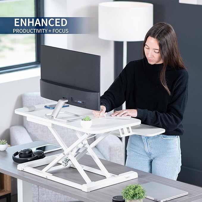 VIVO 28 inch Desk Converter, K Series, Height Adjustable Sit to Stand Riser, Dual Monitor and Laptop Workstation with Keyboard Tray, White, DESK-V028KW