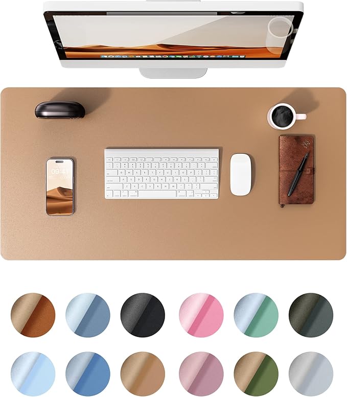 YSAGi Leather Desk Protector, Office Mat, Large Mouse Pad, Non-Slip PU Leather Blotter, Laptop Desk, Waterproof Writing Pad for Office and Home (Khaki, 35.4" x 17")