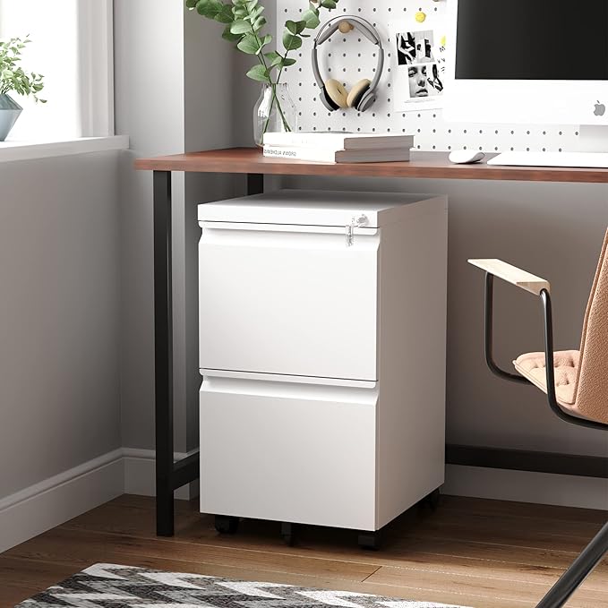Letaya 2 Drawer Mobile File Cabinet with Lock,Under Desk Metal Filing Cabinets for Home Office Organizer Letters/Legal/A4(White-Requires Installation)
