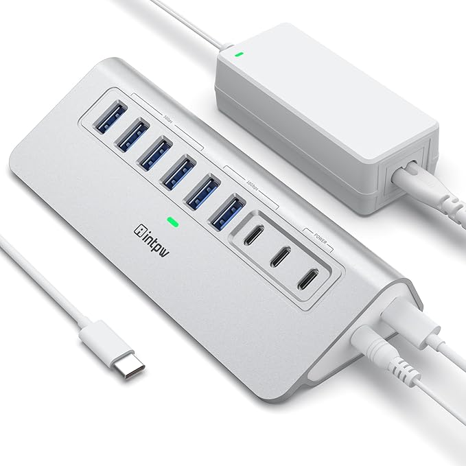 Powered USB Hub 10Gbps, intpw 9-Port USB 3.2 Hub, USB C Hub with USB A/USB C 3.2, 4 USB 3.0, 2 PD 45W Charging Ports, 65W Power Adapter and 3.3FT Cable, Aluminum USB Hub for Laptop, iPhone 17/16/15，PC
