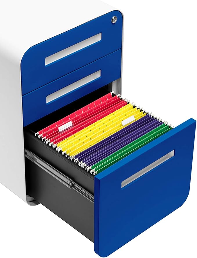 Laura Davidson Furniture Stockpile 3 Drawer File Cabinet with Lock - Under Office Desk Metal Filing Cabinet, Legal/Letter File Folders, Wheels and Stationary Feet, Pre-Assembled, Blue Faceplate