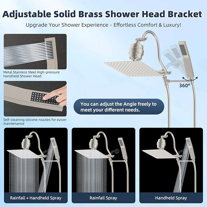 Hibbent All Metal 10'' Filtered Rainfall Shower Head Combo, High Pressure Handheld Shower Wand, 12'' Adjustable Extension Arm, 20 Stage Shower Filter, 71'' Hose, Shower Head Holders, Brushed Nickel