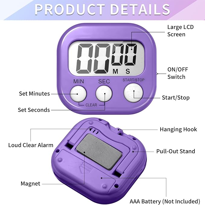 Macarrie 48 Pcs Digital Kitchen Timer Bulk Small Magnetic Backing Stand Timer Clock Loud Alarm LCD Display Electronic Minute Second Count Countdown Alarm for Teacher Classroom Cooking Baking (Fashion)
