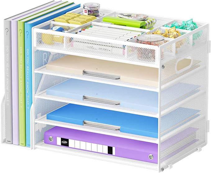 Marbrasse 5-Tier Desk Organizer with File Holder,Paper Letter Tray Organizer,Desktop File Organizer with Adjustable Compartments,Mesh Desk Organizers and Accessories for Office Supplies,White