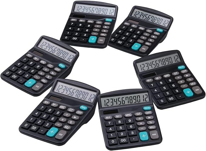 LICHAMP Desk Calculators with Big Buttons and Large Display, Office Desktop Calculator Basic 12 Digit with Solar Power and AA Battery (Included), 6 Bulk Pack